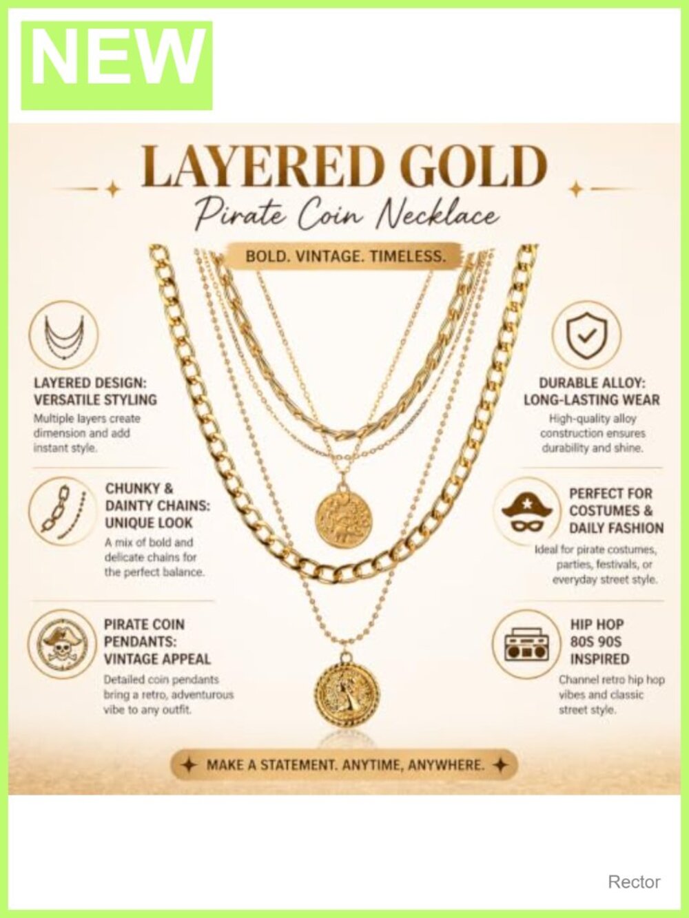 Gold Layered Coin Pendant Necklace Chunky Chain Pirate Costume Jewelry - Picture 5 of 6